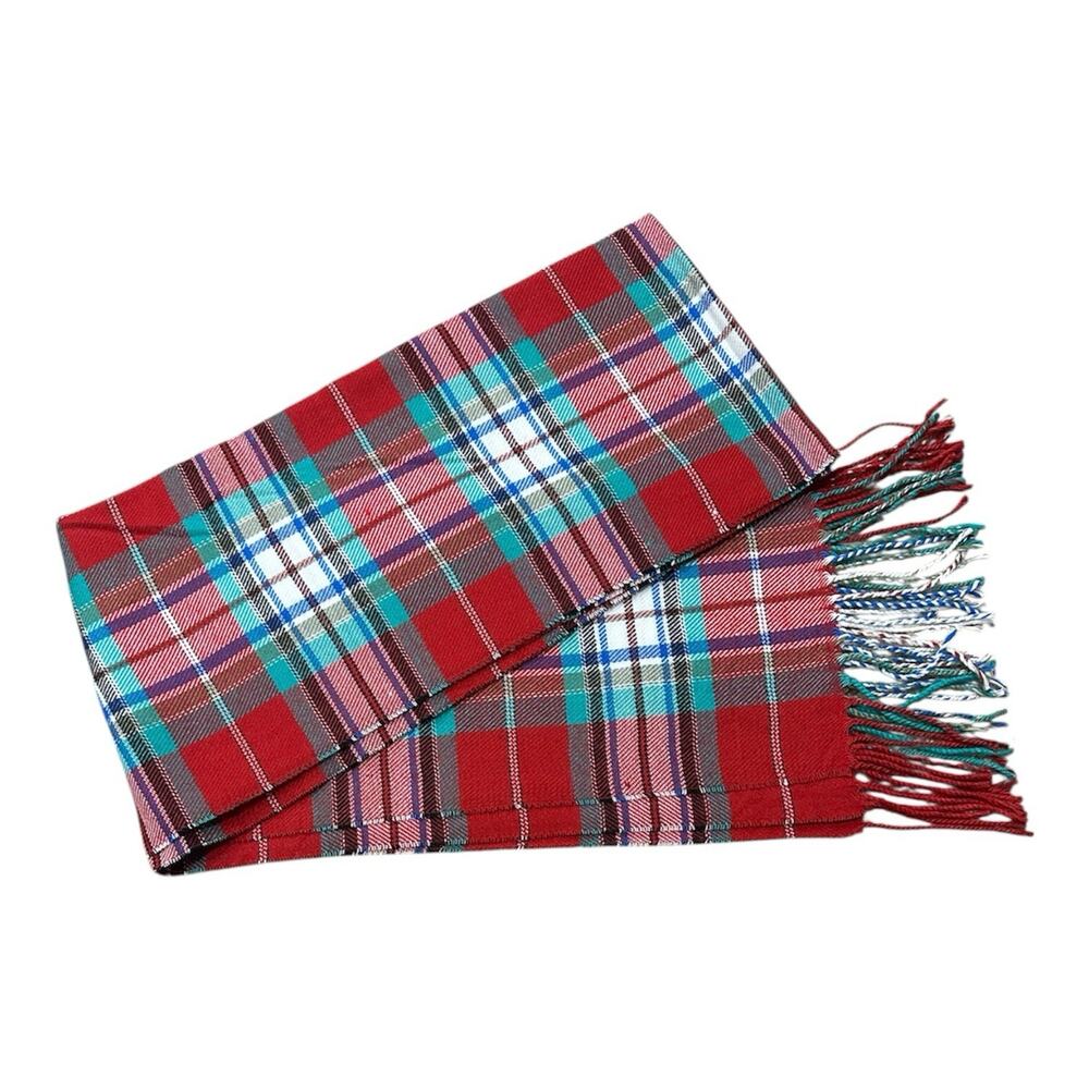 Lands End Plaid Tartan Fleece Fringed Scarf Cozy Long Red White Winter Colorful